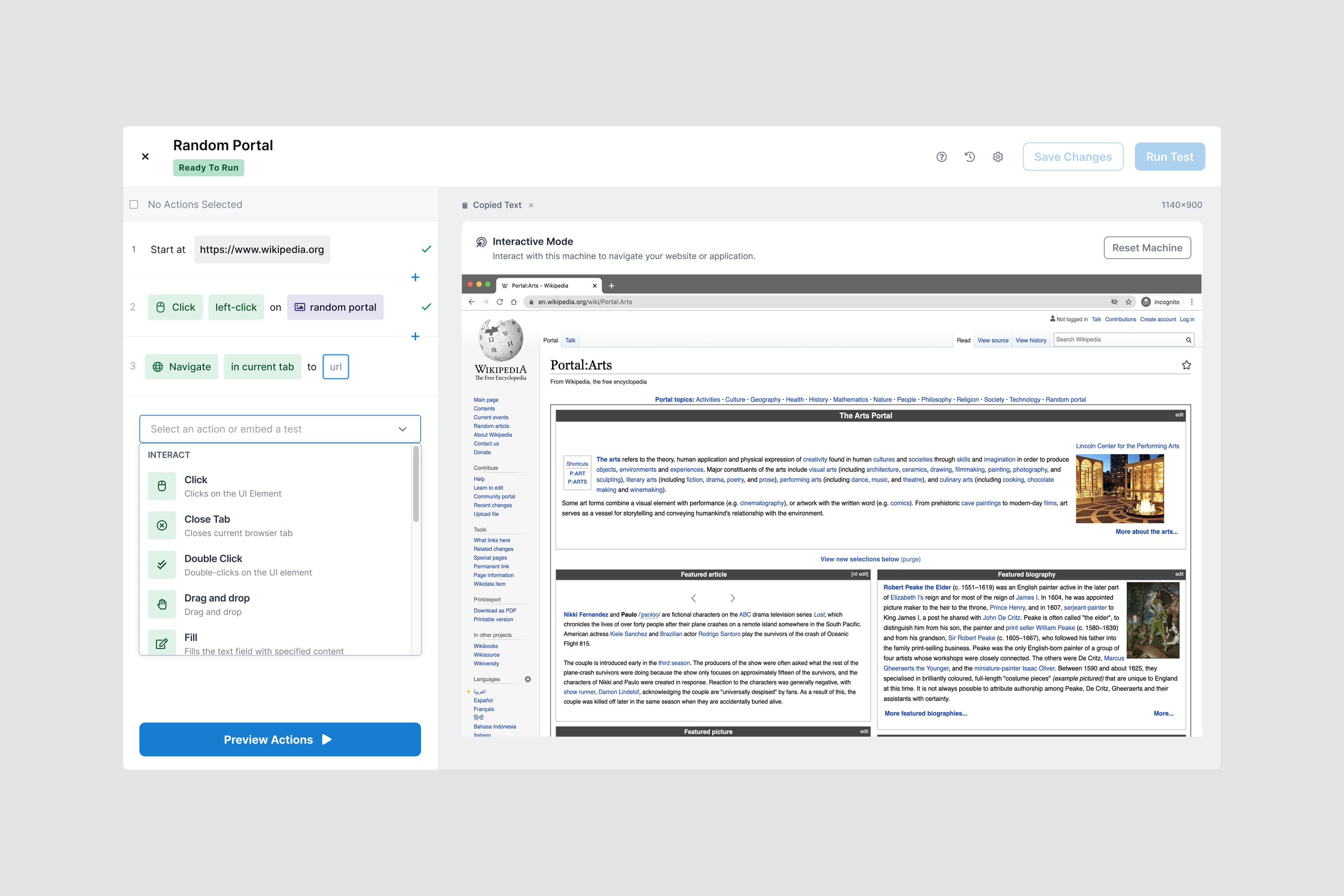 Rainforest QA no-code test authoring interface with reusable steps.