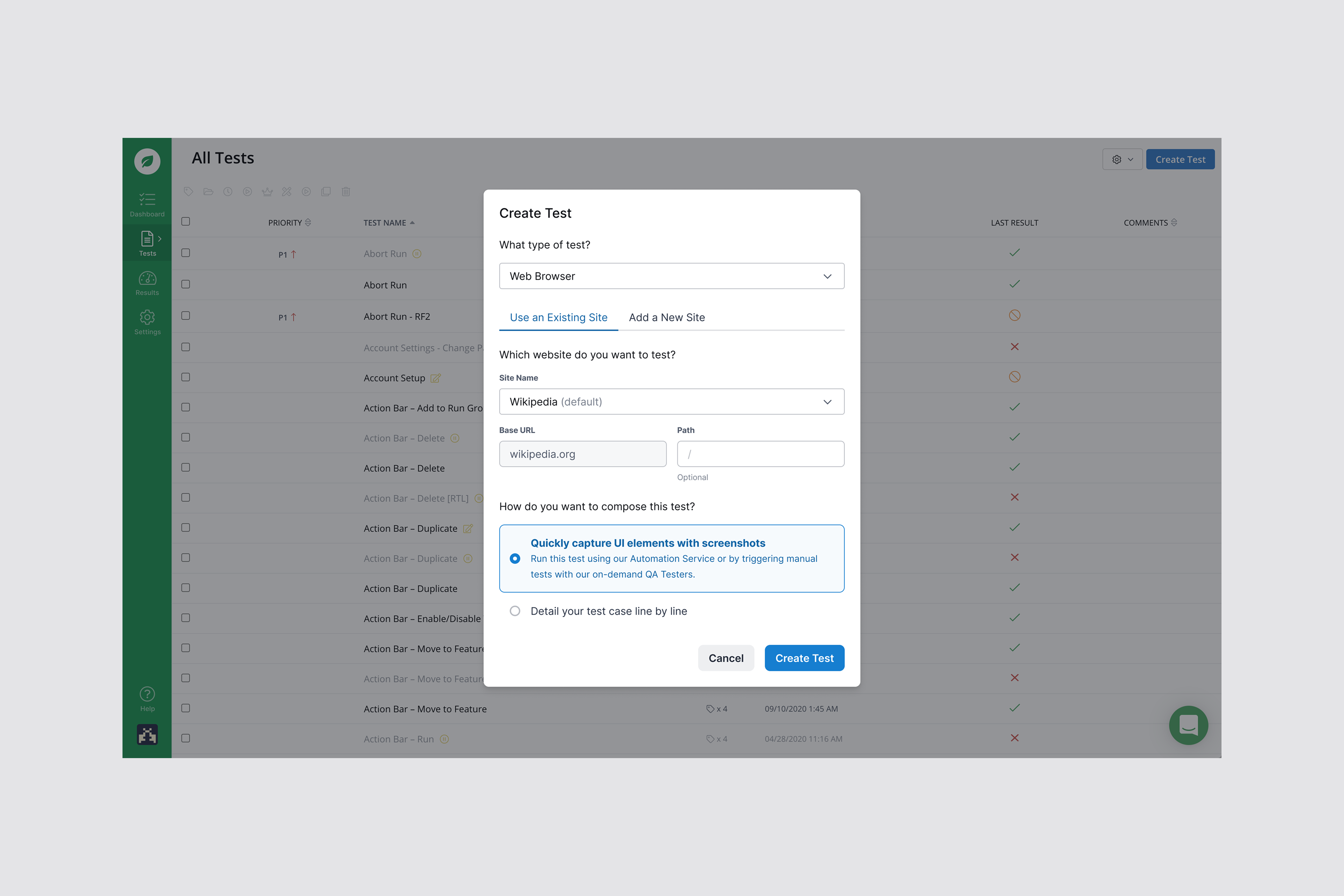 Rainforest QA no-code test authoring interface with reusable steps.